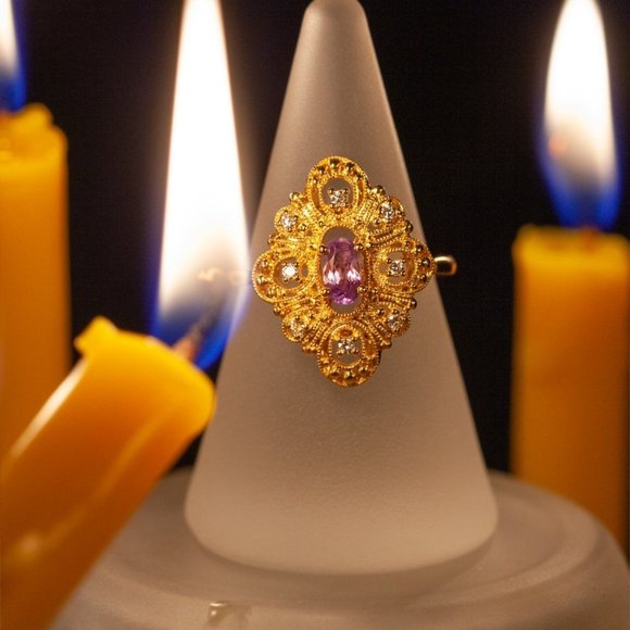 Natural Alexandrite Diamond 18k Yellow Gold Vintage Filigree Ring - Picture 6 of 6